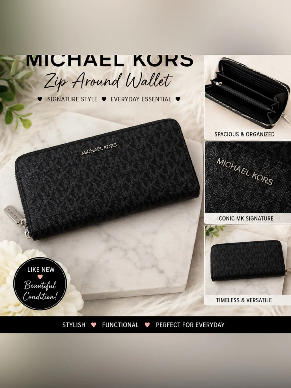 Michael Kors Black MK Signature Zip-Around Wallet